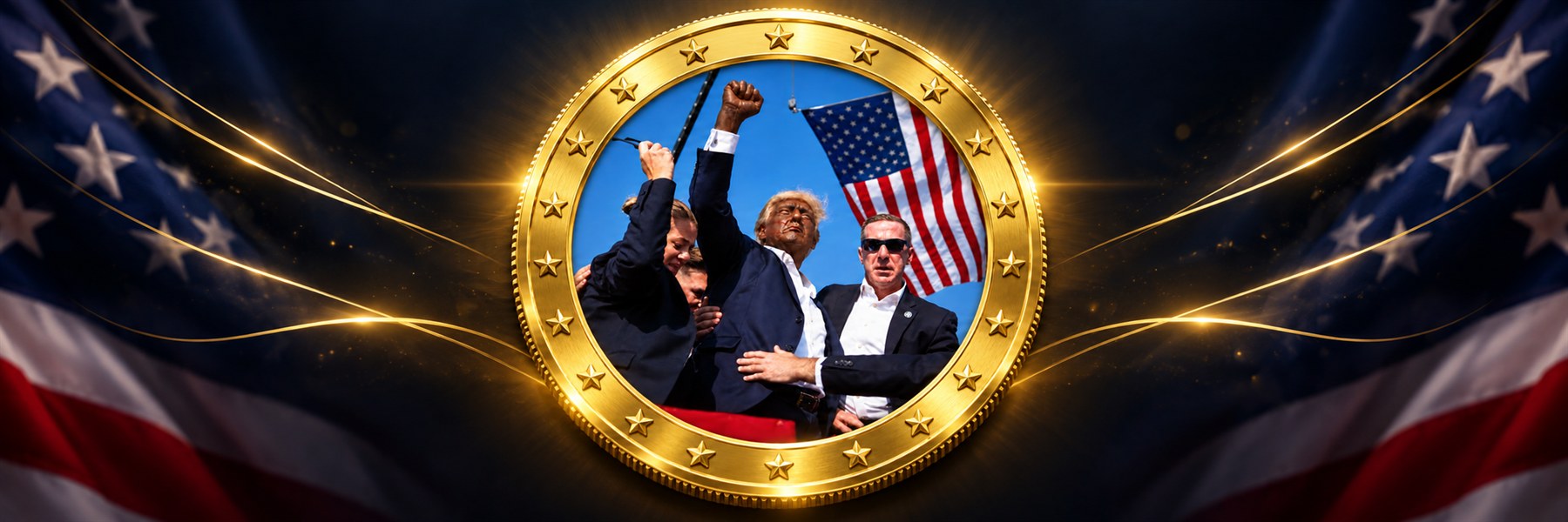 The gold photo coin centered between American flag motifs and gold light trails on a navy background.