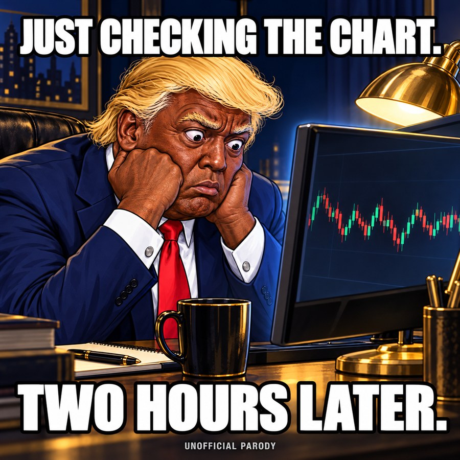 Cartoon Black Trump props his face in his hands at a trading screen. Just checking the chart. Two hours later.