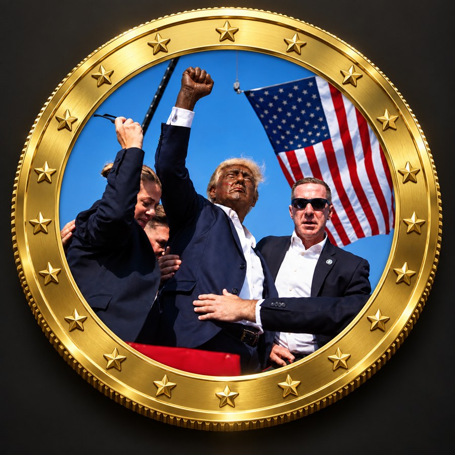 Gold coin framing the fictional Black Trump character raising a fist beneath an American flag.
