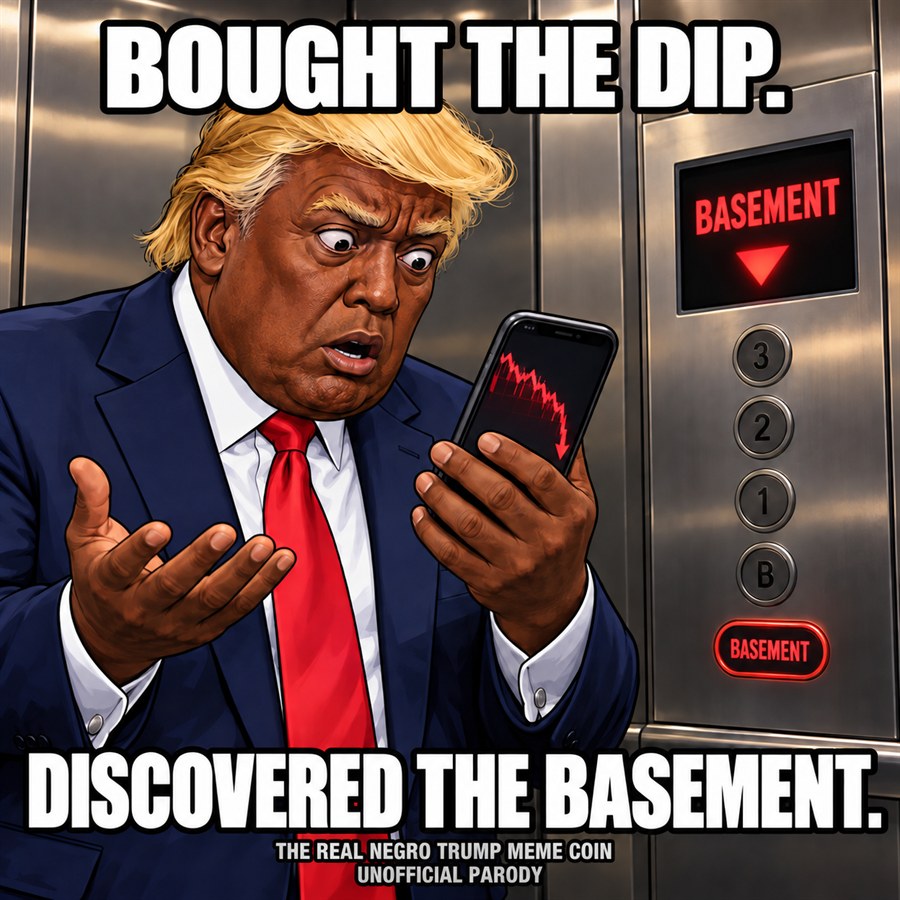 Cartoon Black Trump looks at a falling chart in an elevator. Bought the dip. Discovered the basement.