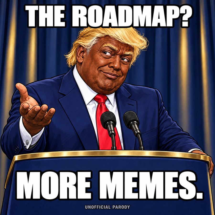 Cartoon Black Trump gestures at a gold-trimmed podium. The roadmap? More memes.